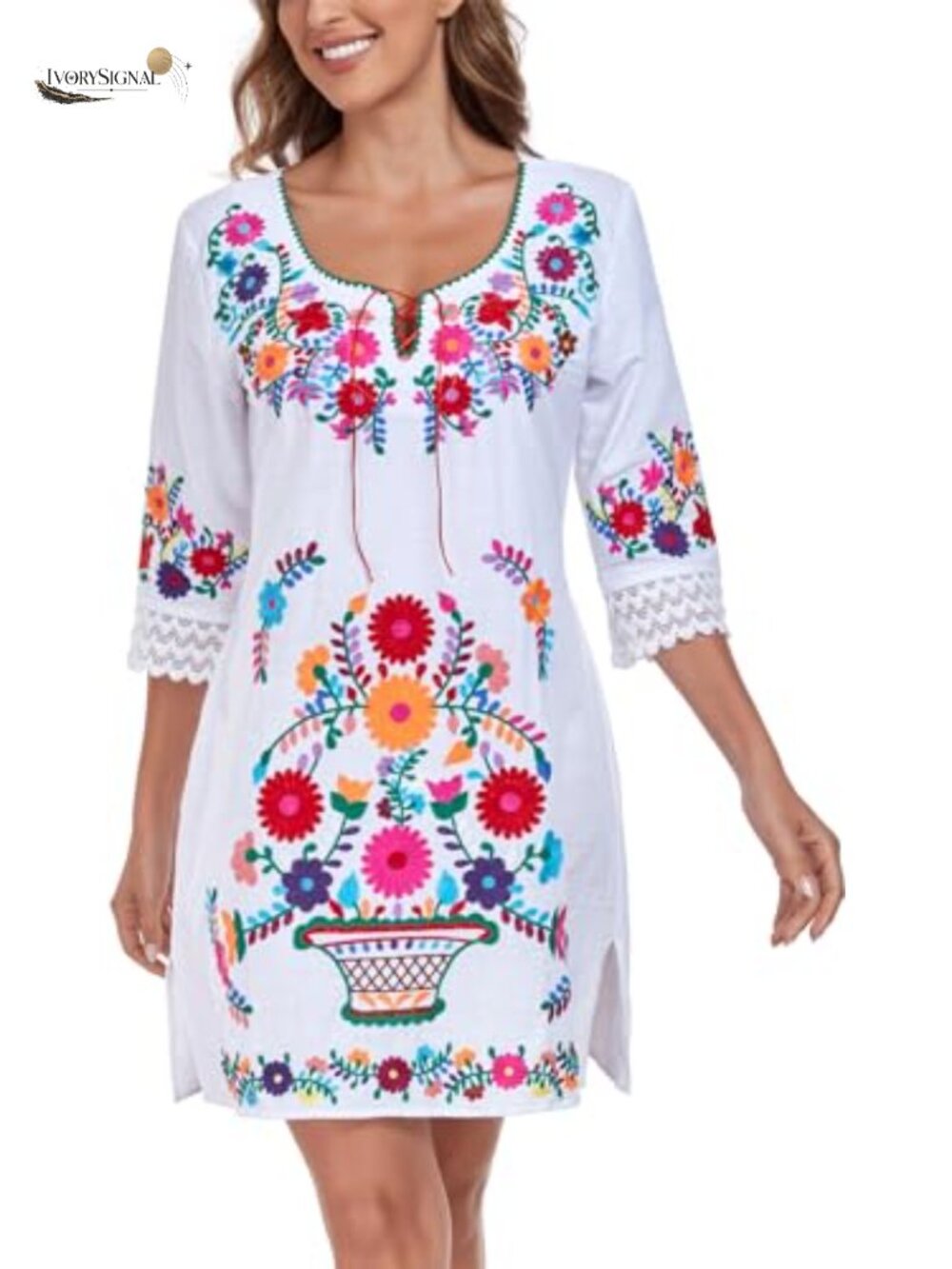 Mexican Embroidered Fiesta Dress V Neck Short Sleeve Cotton Casual Dresses for